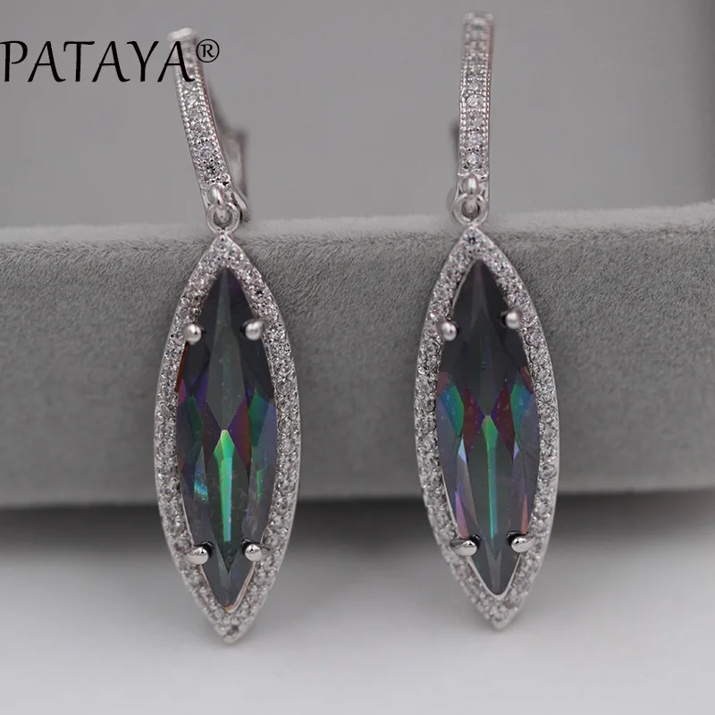 

PATAYA Exclusive Design True White Gold Drop Earring AB Multicolor Horse Eye Natural Zircon Earrings Women Wedding Party Jewelry