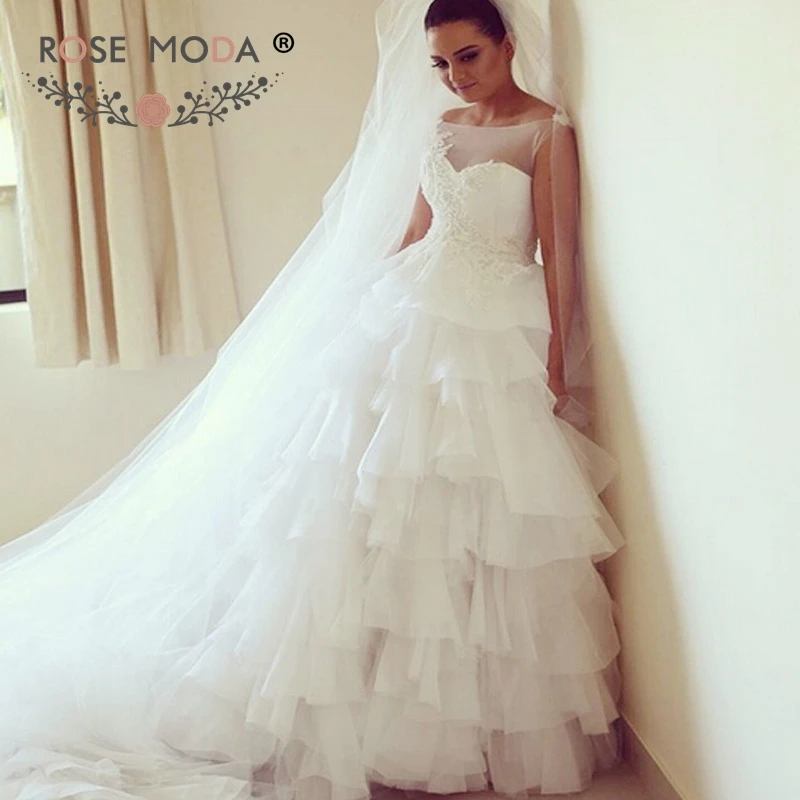 

Rose Moda Luxury Princess Tulle Wedding Dress 2019 White Bridal Dresses with Long Train