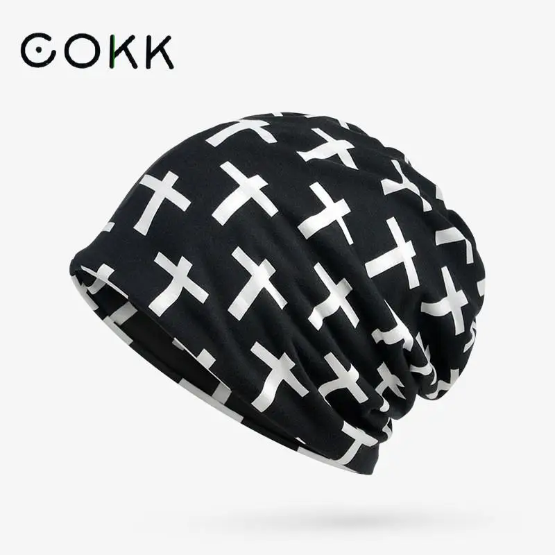 

COKK Turban Hat Women Cross Pattern Beanie Hats For Men Bone Cap Summer Autumn Hat Femme Female Male Collar Scarf Mask Skullies