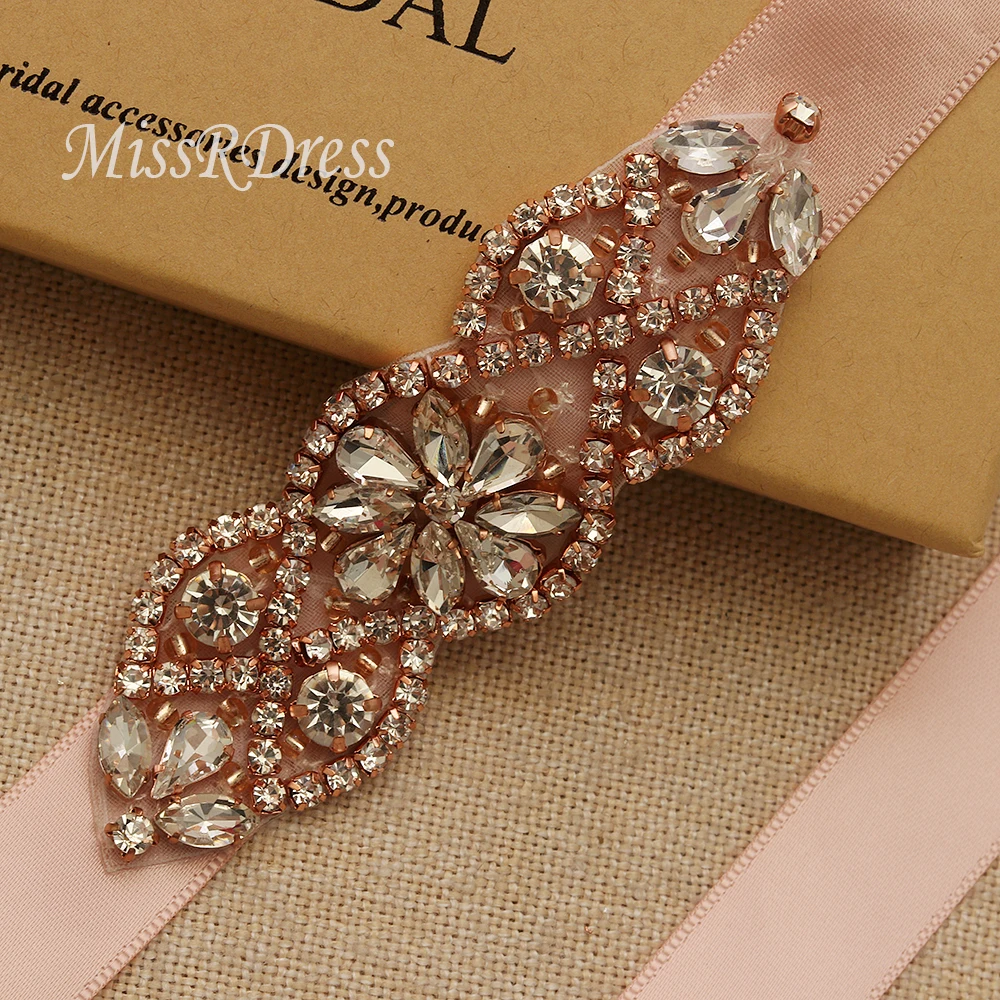 MissRDress Hand Beaded Bridal Belt Rhinestones Bridal Sash Rose Gold Crystal Wedding Sash Belt For Wedding Party Gown JK853