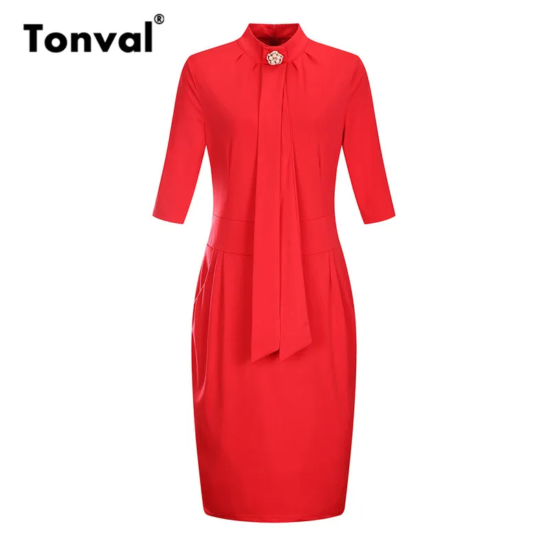 Tonval 6XL офисное платье красного размера плюс миди элегантные Стразы стоячий воротник рабочие платья женские осенние платья карандаш