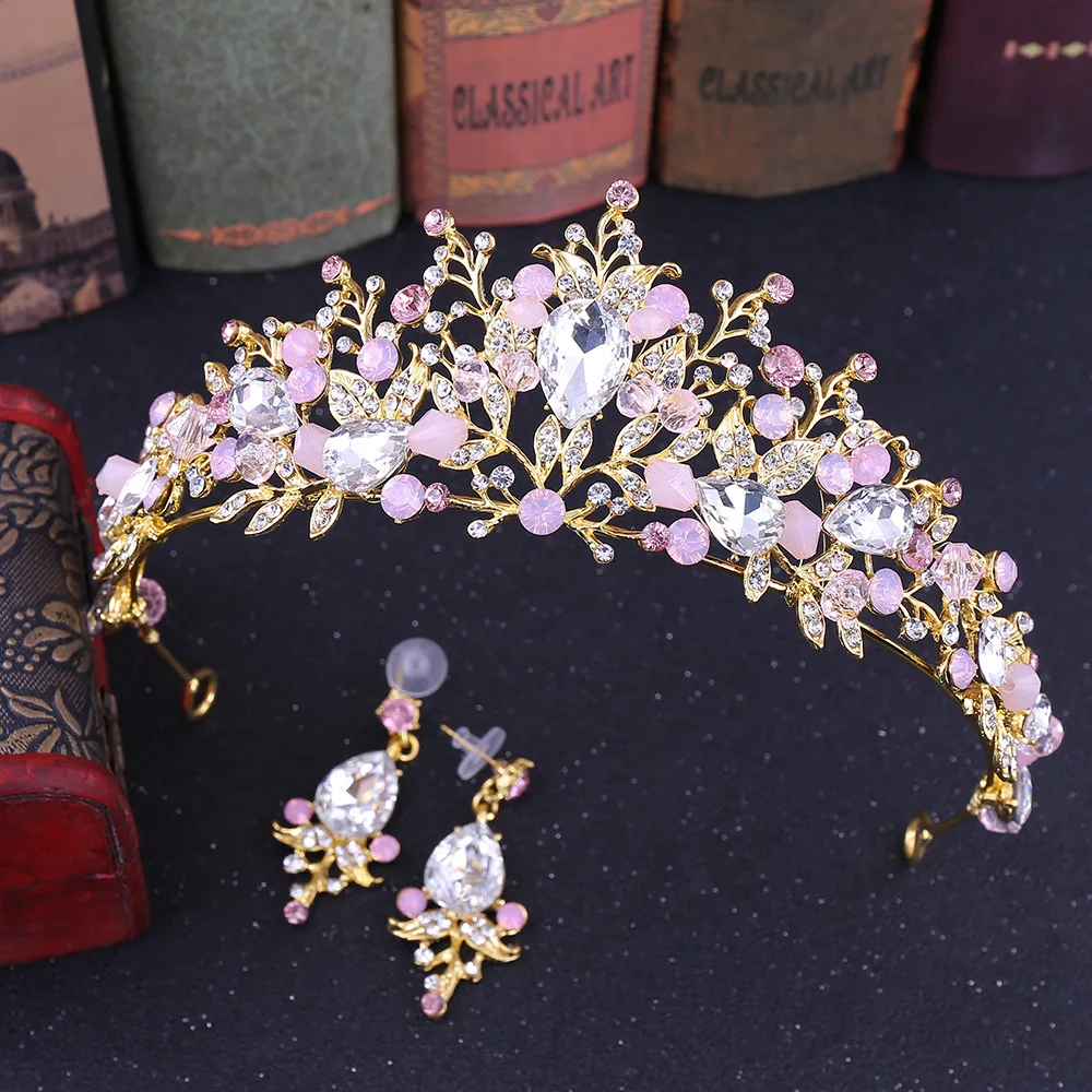

LISM Luxury PinkPearl Bridal Crowns Handmade Tiara Bride Headband Crystal Wedding Diadem Queen Crown Wedding Hair Accessory