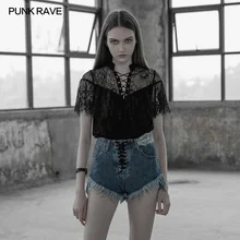 Панк рейв черные готические повседневные натоптыши завязанные веревкой лист лотоса кружева Выдалбливают женские футболки топы OPT265