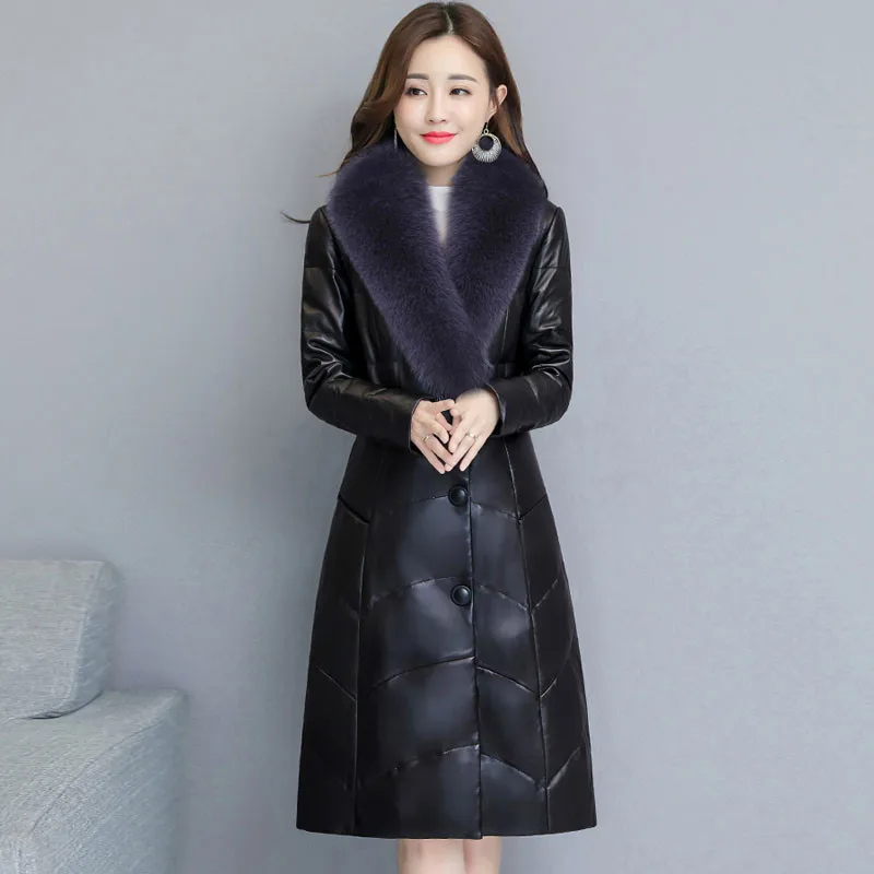 New Fashion Autumn Winter Women Leather Jacket Slim Parka Overcoat Female Faux Fur Collar Plus Size Long Fur Coats A1362