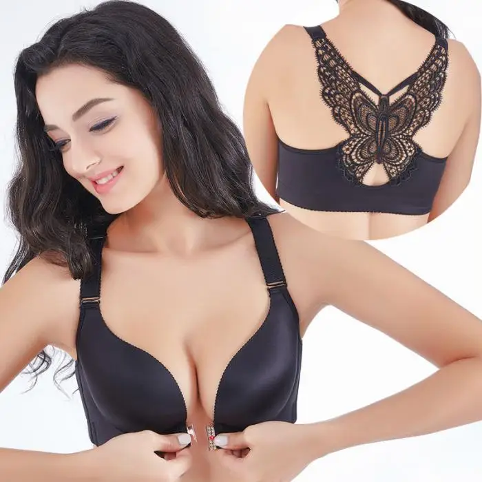 Women Front Closure Push Up Wire Free Smooth Strappy Back Butterfly Bra KNG88