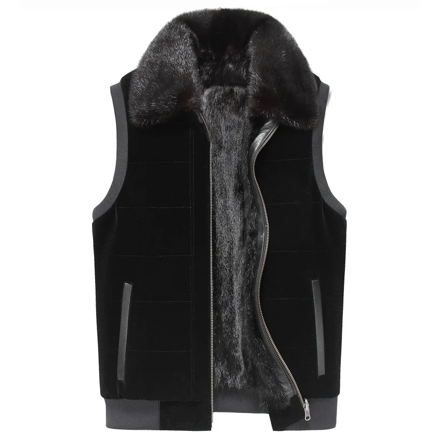 Genuine mink fur vest men real fur liner jacket vest turn down collar ...