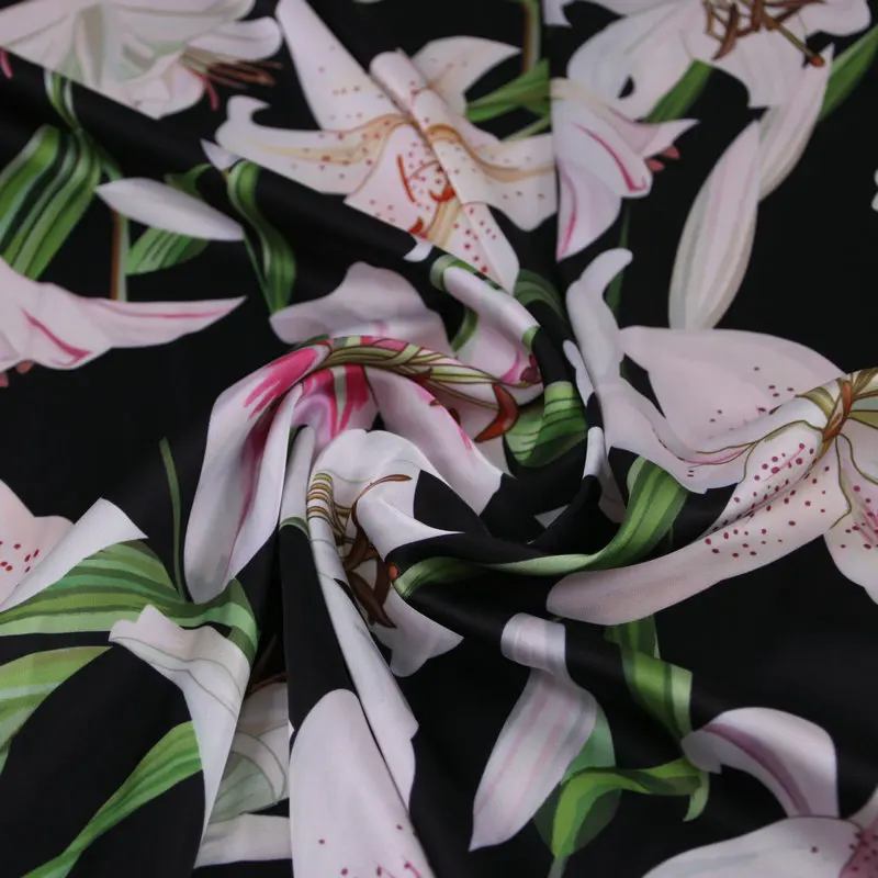 

lily flowers print polyester silk satin fabric,soft stretch satin fabric women dress sewing cloth,imitate silk tissus au metre