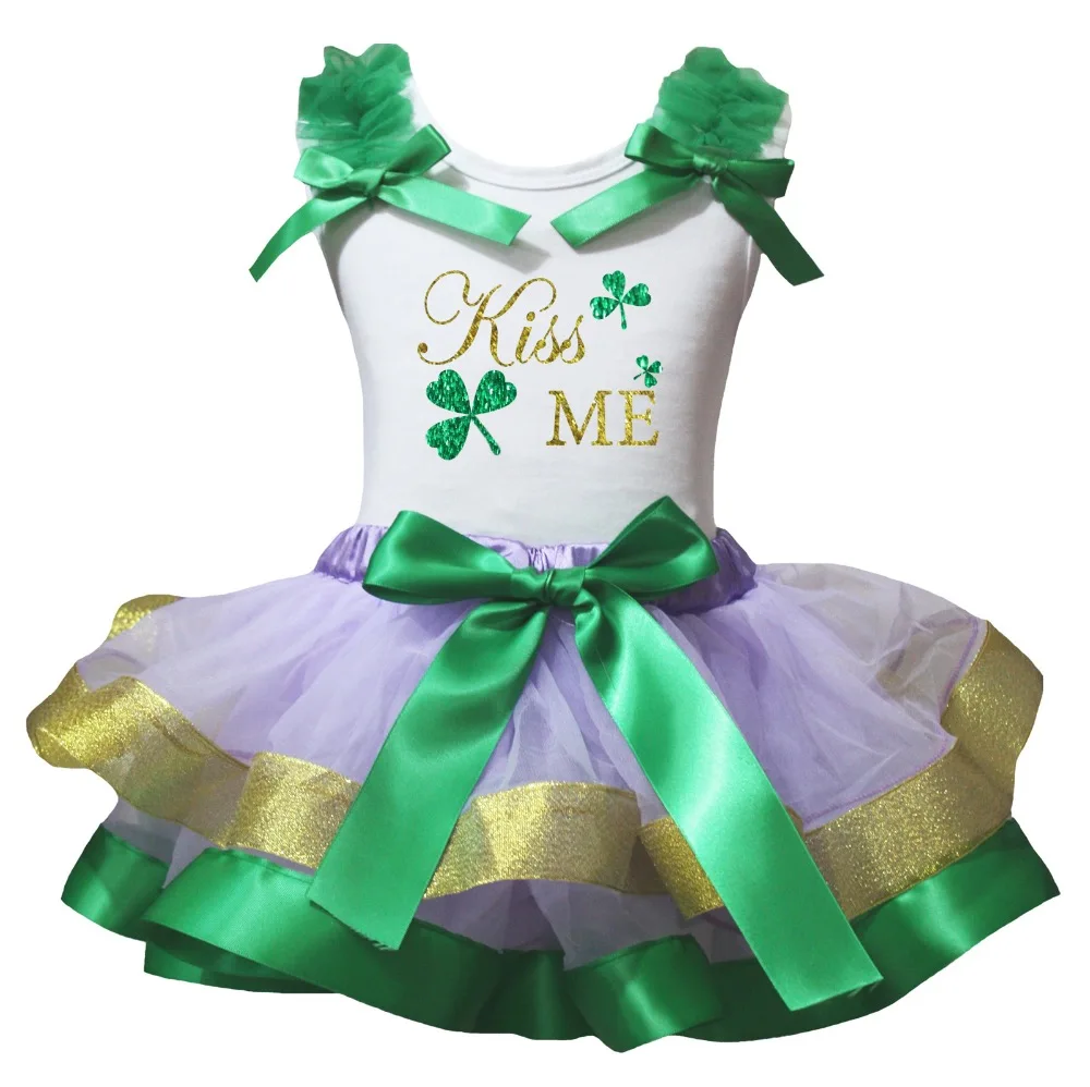

White Shirt Lavender Green Gold Petal Skirt Girl Outfit Set Dress St Patrick's Day Mardi Gras Costume Nb-8y LKPO0066