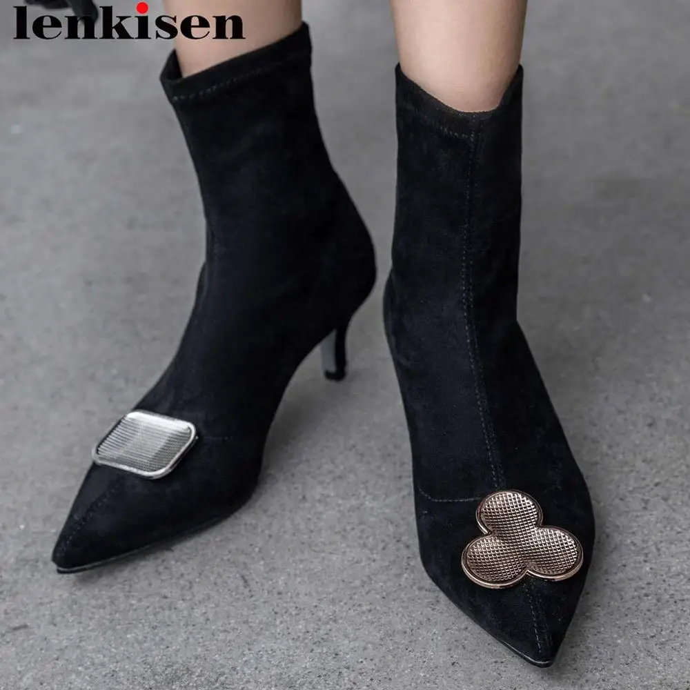 

Lenkisen elegant lady superstar pointed toe med heel slip on flock ankle boots metal fastener decoration autumn winter boots L01