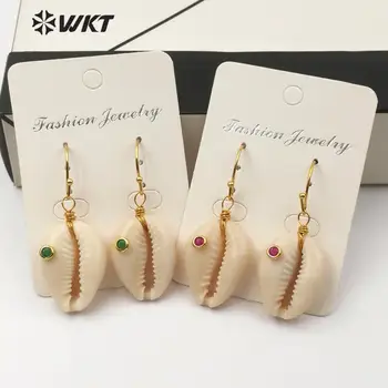 

WT-E535 WKT Natural Shell Earrings Cowrie With cz Charm Earring Fashion Earring Women Summer Beach Jewelry Earring