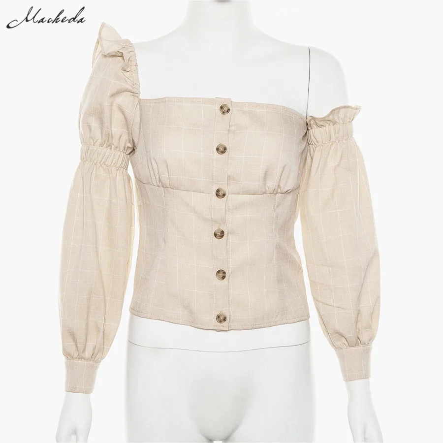 Macheda Новая женская модная летняя винтажная блузка клетчатая топ с длинным рукавом с рюшами воланами на пуговицах