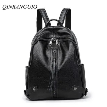 

QINRANGUIO School Backpack Tassel Women Backpack Fashion Genuine Leather Backpack Large Capacity School Bags for Teenage Girls