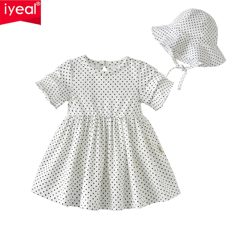

IYEAL Baby Girls Clothes Summer Baby Dress With Hat Cotton Flare Sleeve Dot Printed Infant Toddler Girl Dresses for 1-4 Years