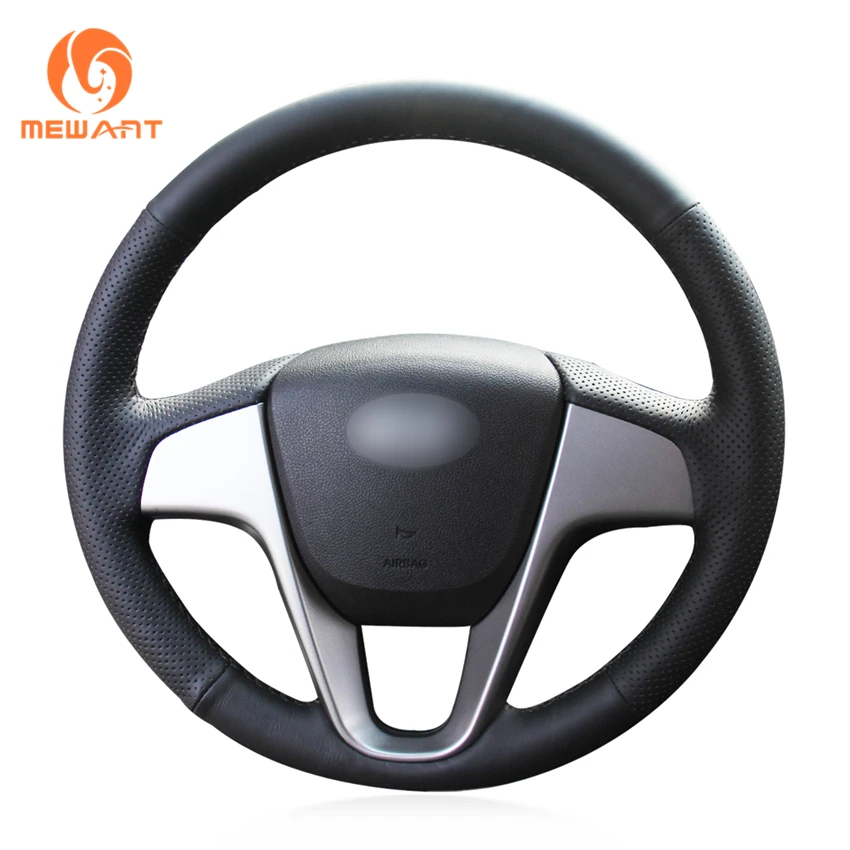 MEWANT Black Genuine Leather Car Steering Wheel Cover for Hyundai