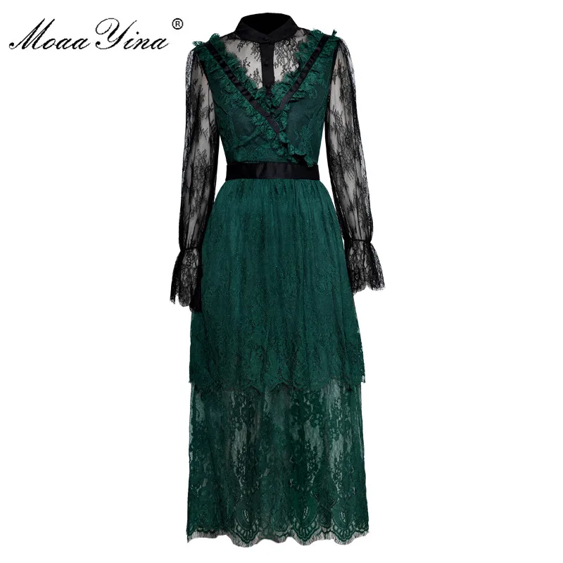

MoaaYina Fashion Designer Runway Lace Dress Spring Autumn Women Flare Sleeve Mesh Embroidery Vintage See through Lace Dress