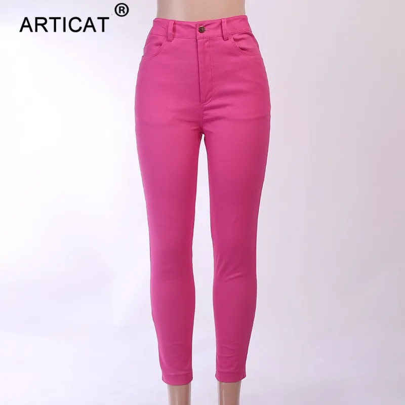 Rose Red Articat, одноцветные, с высокой талией, обтягивающие, сексуальные штаны для женщин,, с карманами, на молнии, джинсовые, узкие брюки, повседневные, облегающие, брюки для женщин, спортивные штаны - Цвет: Rose Red