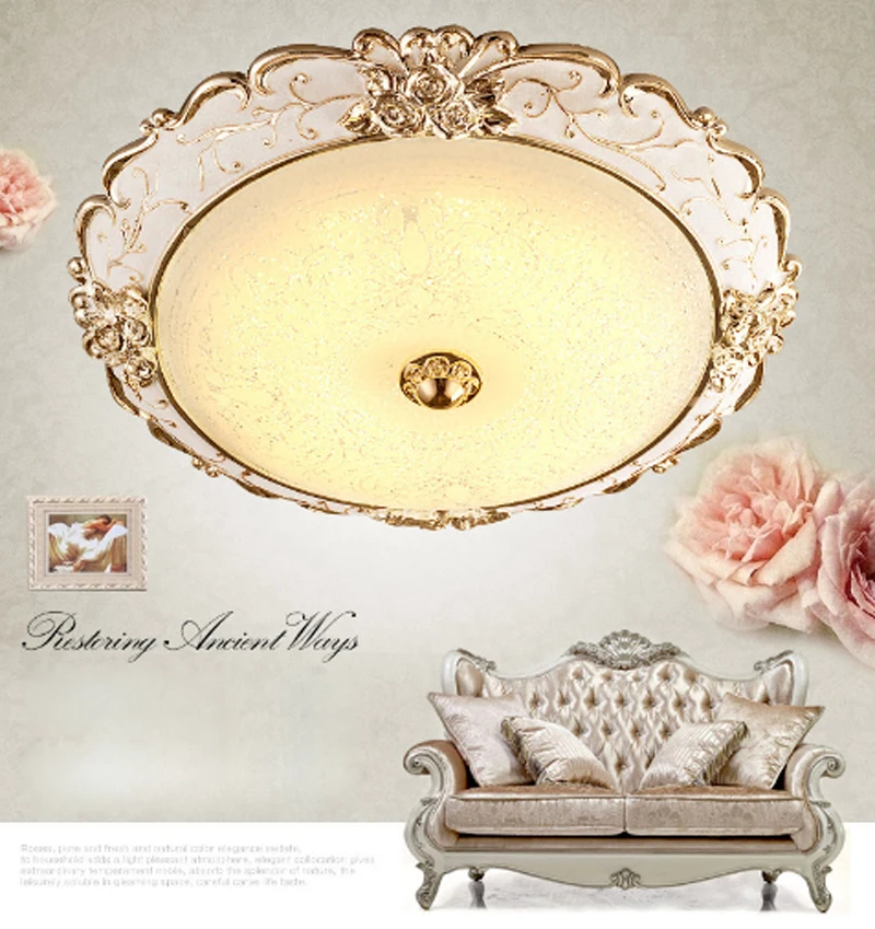 

European Luxury Style Rose Carved Glass Ceiling Lamp Classic Retro Living Room Decoration Led Patch Lighting Circular Golden
