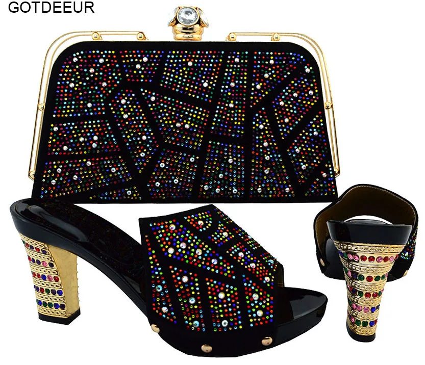 

Latest Black Color African Shoes and Matching Bags Italian Shoes and Bags To Match Shoes with Bag Set Decorated with Rhinestone