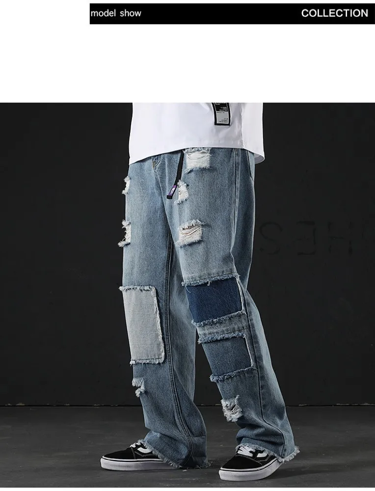 Мужские лоскутные Широкие джинсовые штаны, мужские джинсы с высокой талией и дырками в стиле хип-хоп, мужские свободные уличные брюки, летние новые