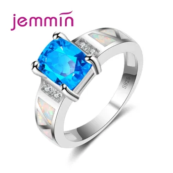 

New Fashion Wedding Ring Classic Suqare CZ Opal Ring Fine 925 Sterling Silver Jewelry Blue Color Hot Bridal Ring