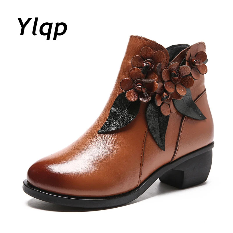 Online Botines de invierno 2019 botas de mujer Vintage de cuero genuino zapatos de tacón bajo zapatos de punta redonda moda señoras botines de mujer