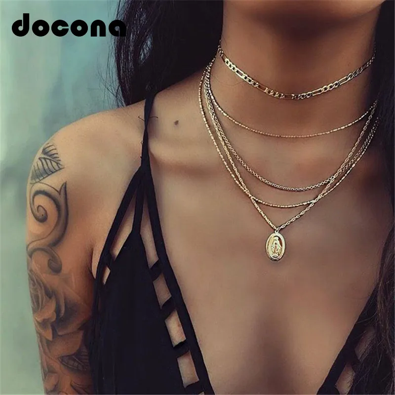 

Docona Bohemian Gold Color Madonna Statue Pendant Necklace for Women Metal Charms Long Layered Necklaces Party Jewelry 6139