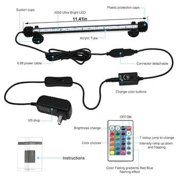 

LED Aquarium Light, Fish Tank Light Underwater Submersible Light RGB Color Changing with Remote Control (11.41 inch) ST228