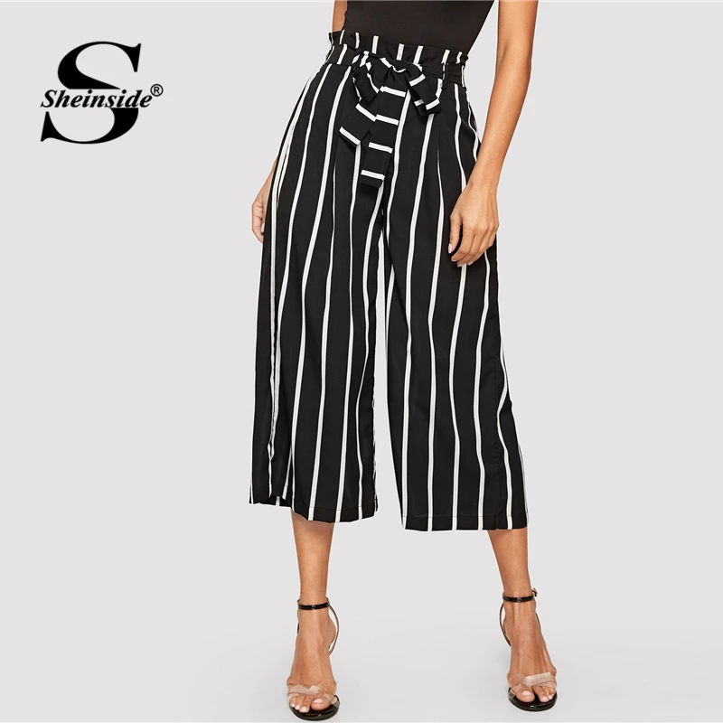 

Sheinside Elegant Drawstring Waist Stripe Print Pants Women 2019 Summer High Waist Crop Trousers Ladies Wide Leg Pants