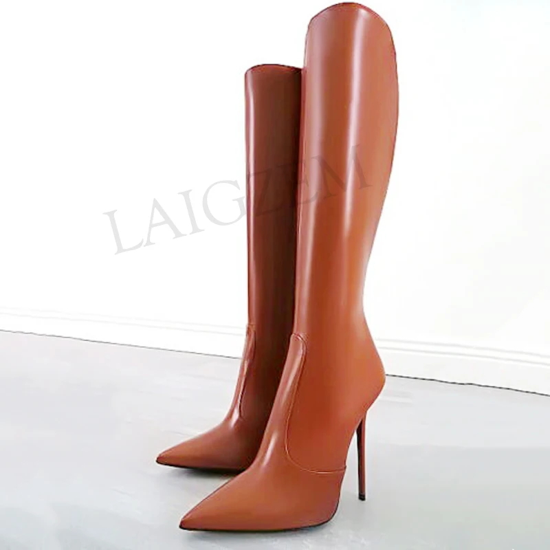 LAIGZEM Women High Heel Knee High Boots Stiletto Tall Boots Faux Leather Zip Shoes Woman Botines Mujer Larger Big Size 34-47 (4)
