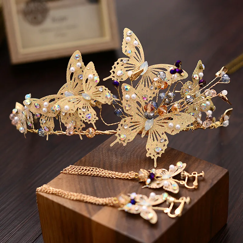 

2008 Bride Headdress Golden Butterfly Atmosphere Crown Queen Headdress Earrings wedding hair Accessories