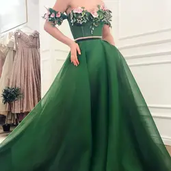 Зеленые мусульманские Вечерние платья 2019 трапециевидной формы Милая тюль бисером цветок элегантный Дубай Саудовская Арабский длинное