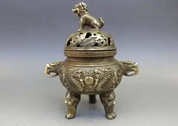 

China brass copper carved Foo Dogs Lion Two Dragons Incense Burner censer Statue