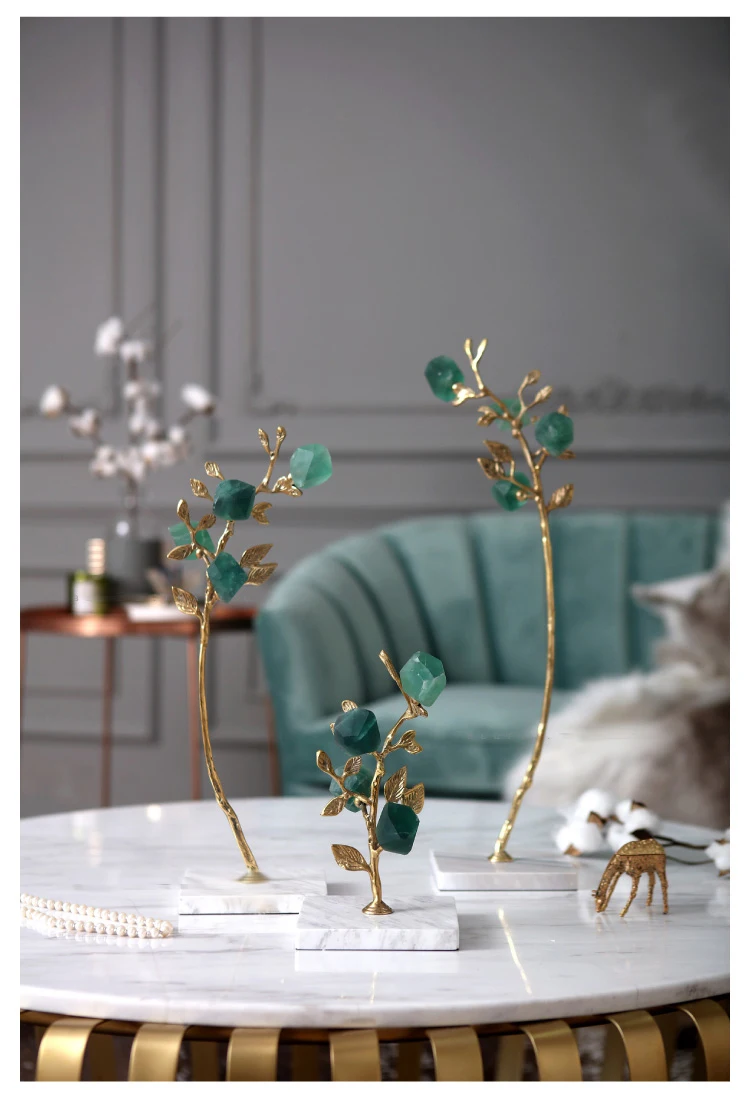 Креативная современная форма цветка зеленая кристальная Статуэтка домашний декор украшения комнаты предметы офиса белый мрамор медные фигурки