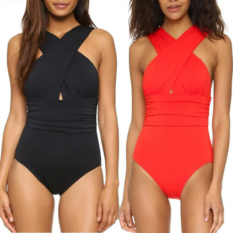 

New Women Monokini One Pieces Swimsuit Cross Ruched Beach Swimwear Padding Backless Bathing Suit LMH66