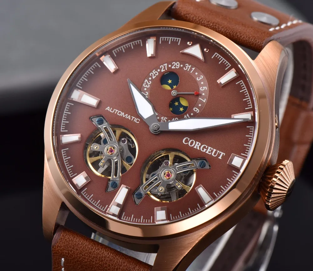 Corgeut 47 мм Чехол Мужские часы Скелет автоматические часы PVD запас хода Tourbillon Мужские механические часы мужские часы подарок