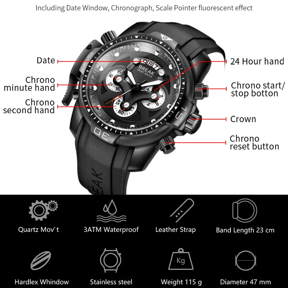 BREAK Men Luxury Brand Man Sports Watch Quartz Military Wristwatch Black Silicone Multifunction Chr