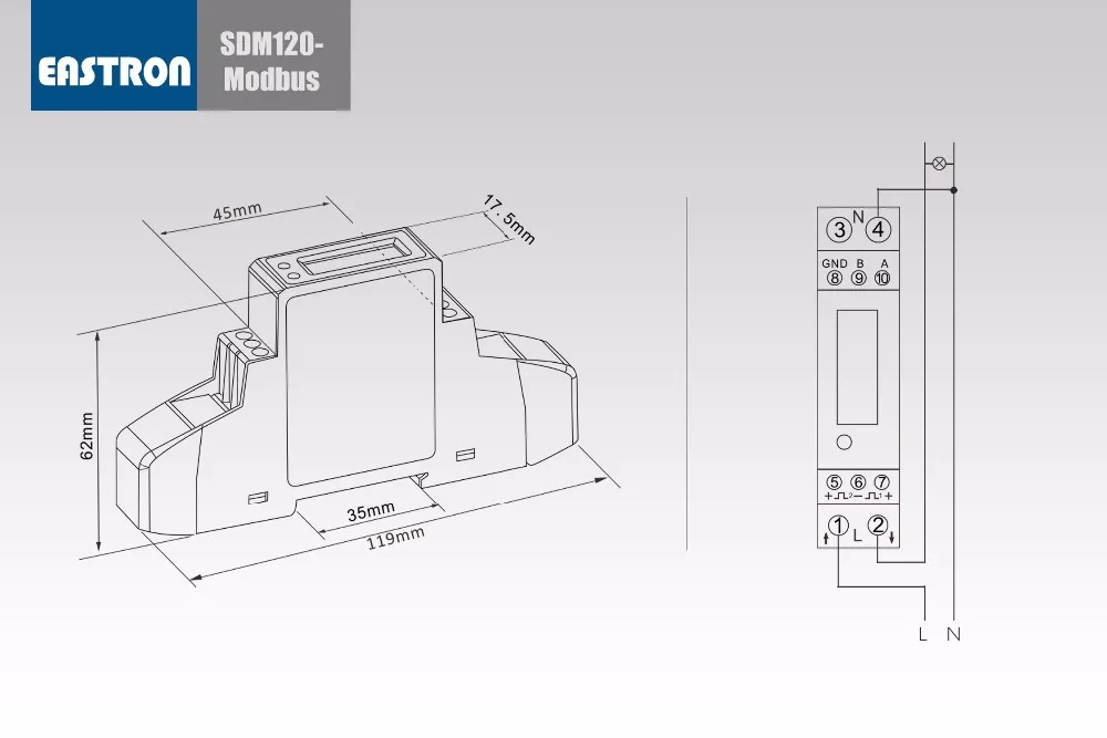 SDM120-Modbus,1 phase 2 wire, 0.25~5(45)A , 230V, RS485 Modbus, kwh,kvarh,U,I,P,Q,PF,Hz,dmd Measurement, DIN rail energy meter uv meter