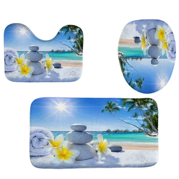 

4Pcs Home Bathroom Decor Set Seaside Carpet Pattern Toilet Seat Cover Bath Mat Set Waterproof Shower Curtain