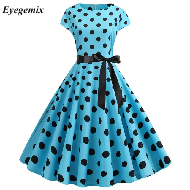 Yellow Polka Dot Print Summer Dress Vintage Women Swing Rockabilly