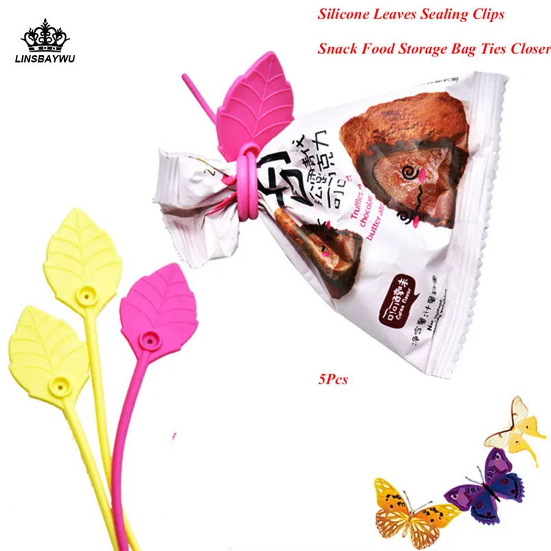 

5Pcs Sealing Clips multi-use Leaves Shaped Silicone Bag Ties Cable Management Zip Tie Snack Food Storage Bag Ties Closer