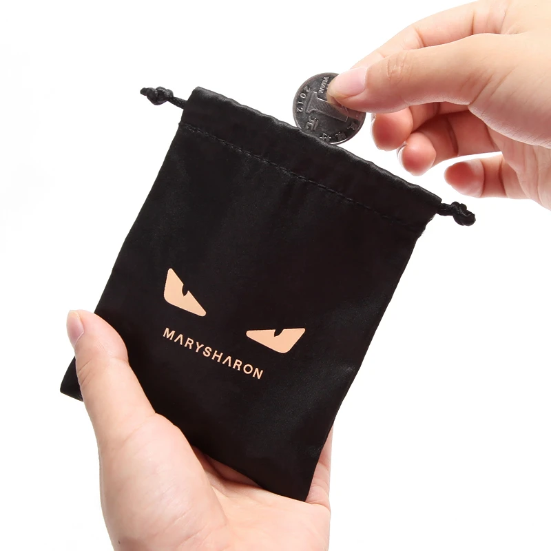 

New Small drawstring Eco Shopping Bag Black eyes Jewelry storage bag Zero Purse small cute Palm size Silk and satin