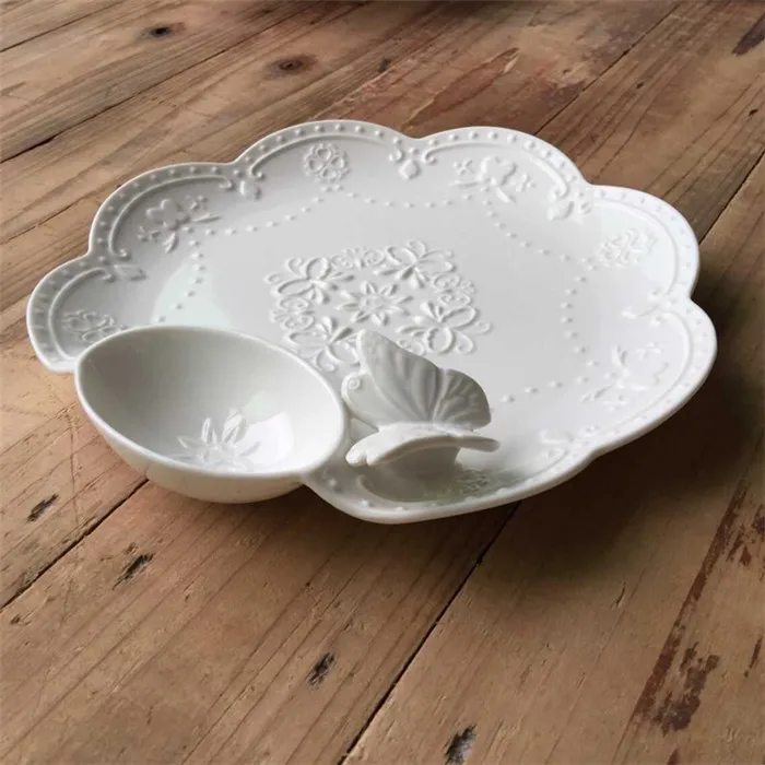 Ручная работа тиснение бабочка белая керамическая тарелка для пельменей с соусом лодка фарфоровая тарелка для тортов керамическое блюдо обеденная тарелка