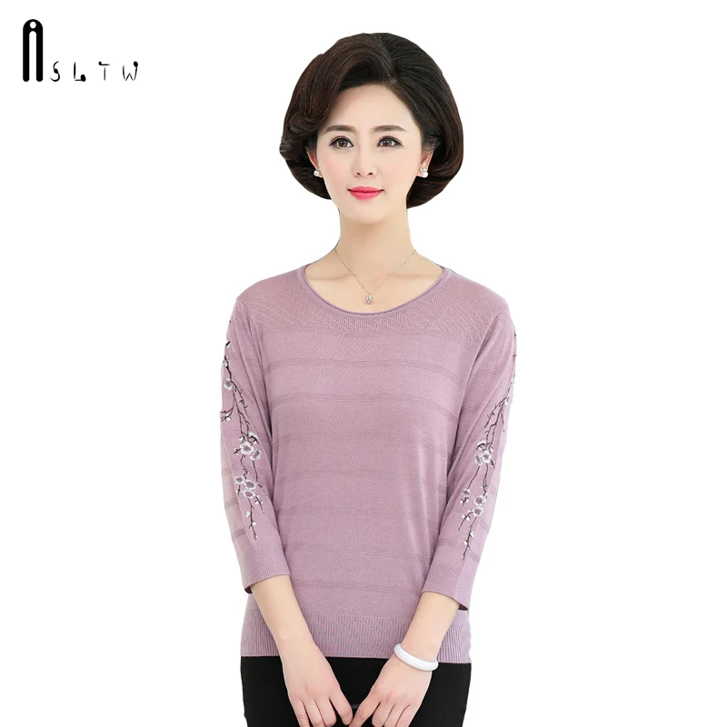 

ASLTW Women's Sweater New Autumn Embroidery Floral O Neck Sweater Pull Femme Three Quarter Sleeve Knitted Female Pullovers