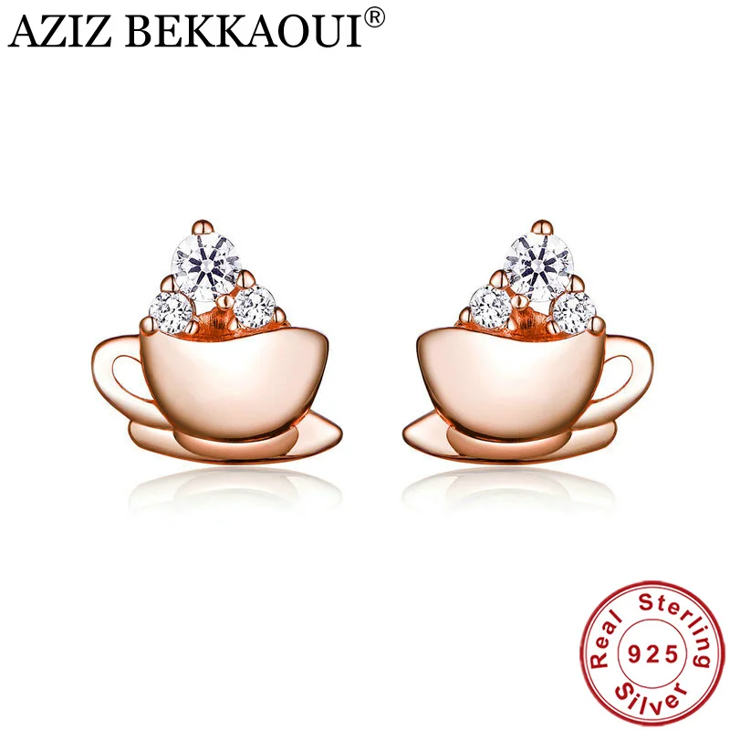 AZIZ BEKKAOUI стерлингового серебра 925 пробы, розовое золото, кофе, кубические серьги-гвоздики для женщин, прозрачный CZ Стерлинговое Серебро, ювелирный подарок