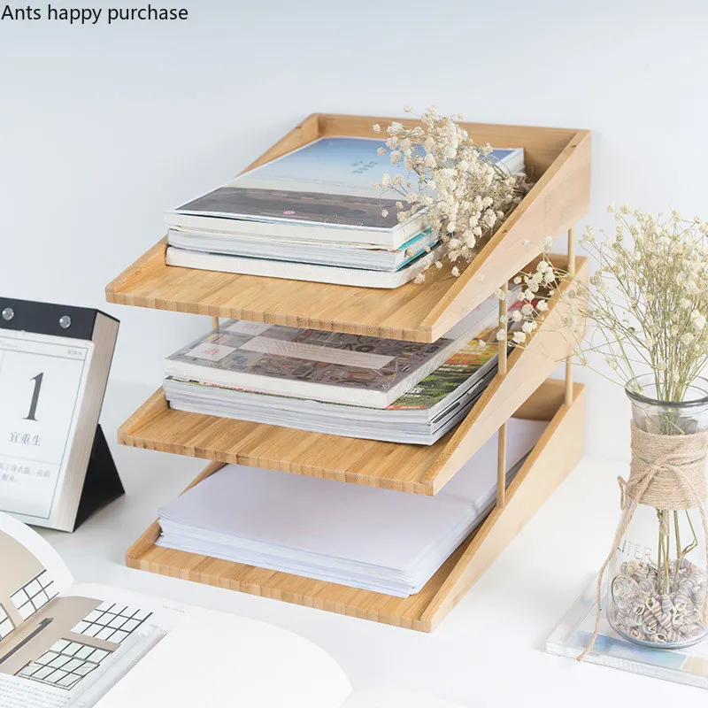 

Desktop storage organizer Folder storage box desk desktop rack 2/3 layer book information box simple solid wood storage cabinet