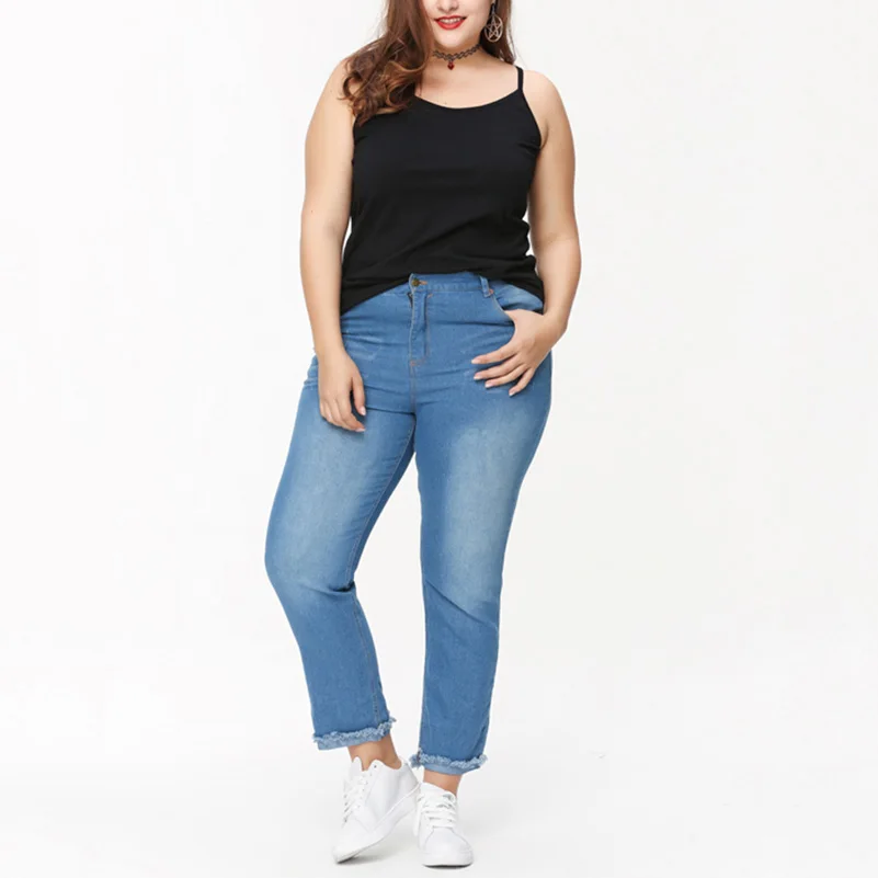 

3XL 4XL 5XL 6XL Wash Blue 2017 Fashion Boyfriend Plus Size Women Denim Double Pockets Jeans Femme Capris Straight Pants