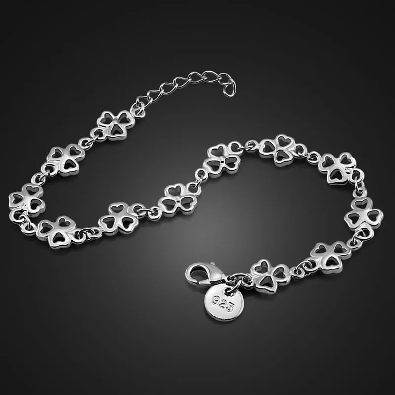 

High quality elegant woman sterling silver bracelet. 100% Solid 925 Silver Clover Bracelet. Woman/girl lucky Silver jewelry gift