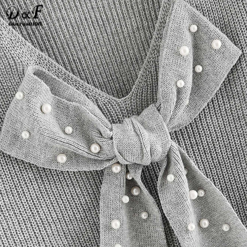 Preise Dotfashion Grau Perle Perlen Bogen Gebunden Vordere Strickjacke Frauen Casual Herbst Kleidung Pullover Mode 2019 Frauen Pullover Jumper