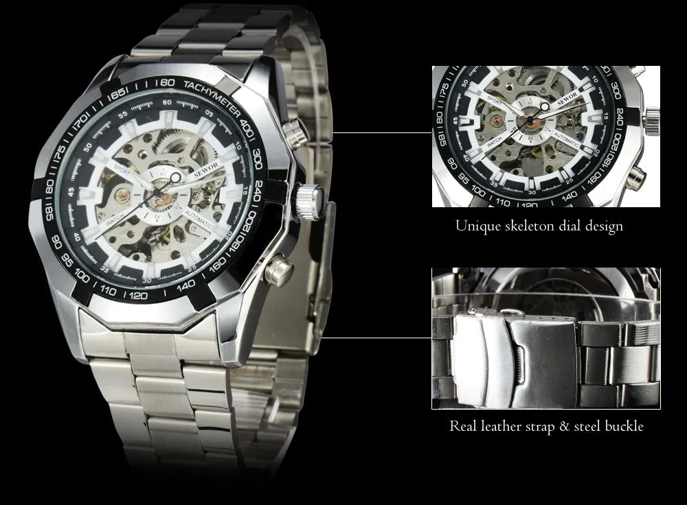 Топ бренд SEWOR мужские спортивные часы с ремешком из нержавеющей стали роскошные часы ТАХИМЕТР Скелет автоматические военные механические часы