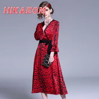 

Cross-border 2019 New Women's Elegant Dresses Lace Vogue Sexy V-neck Flare Sleeve Leopard Print Long Dress Female With Sashes